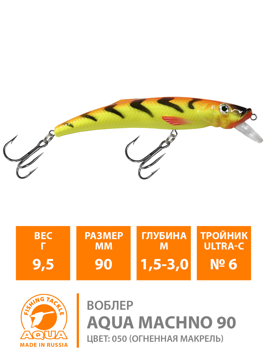 Воблер AQUA MACHNO 90mm, вес - 9.5 гр, Рабочая глубина 1,5-3,0 м