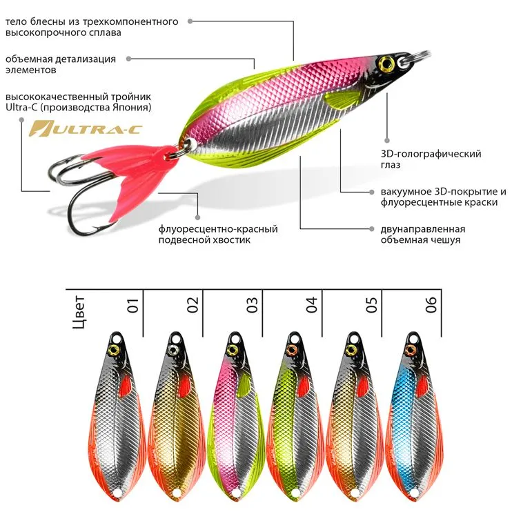 Набор из 6 шт блесен-колебалок AQUA АТОМ M 80,0mm, вес - 38,0g