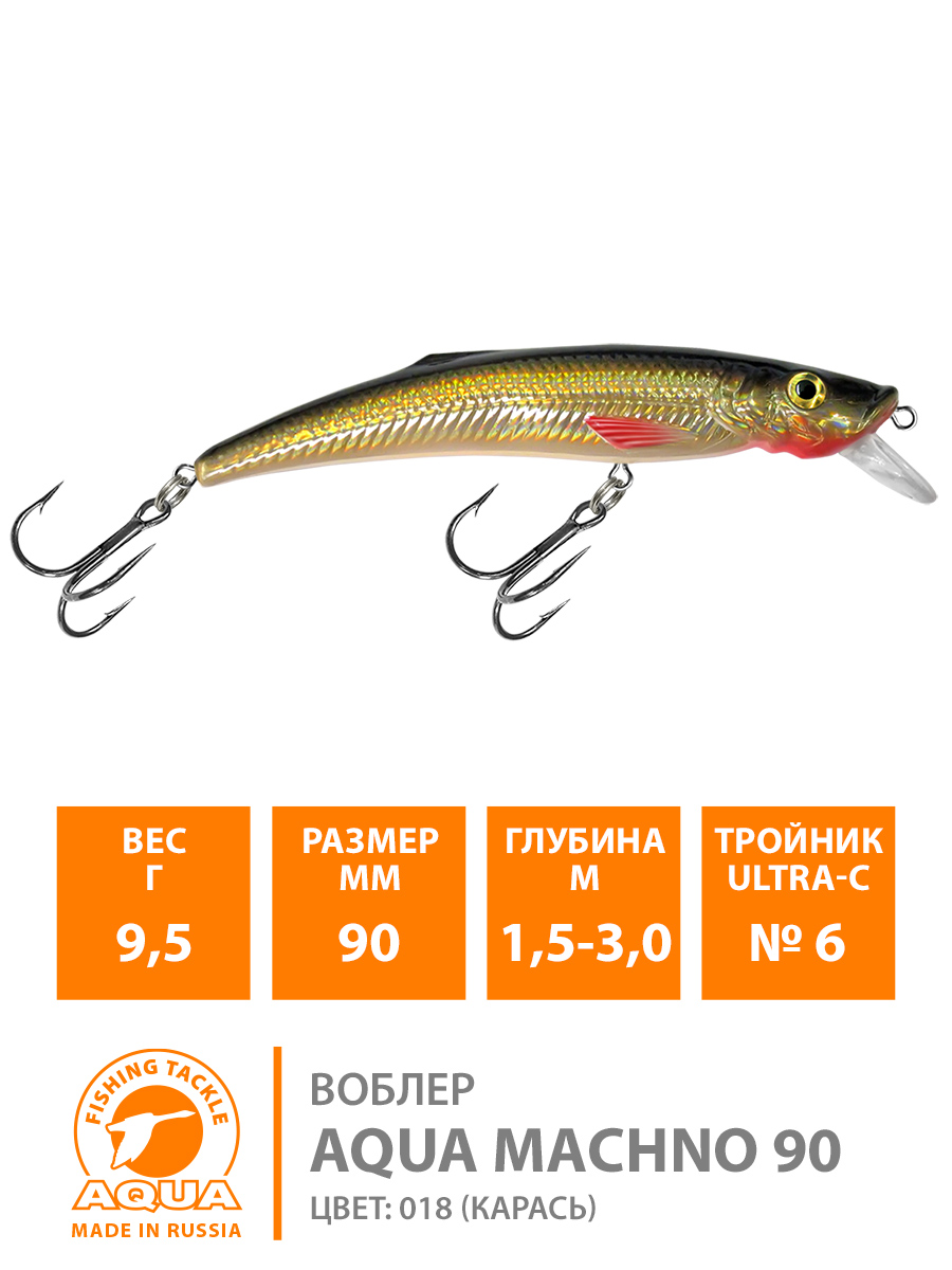 Воблер AQUA MACHNO 90mm, вес - 9.5 гр, Рабочая глубина 1,5-3,0 м
